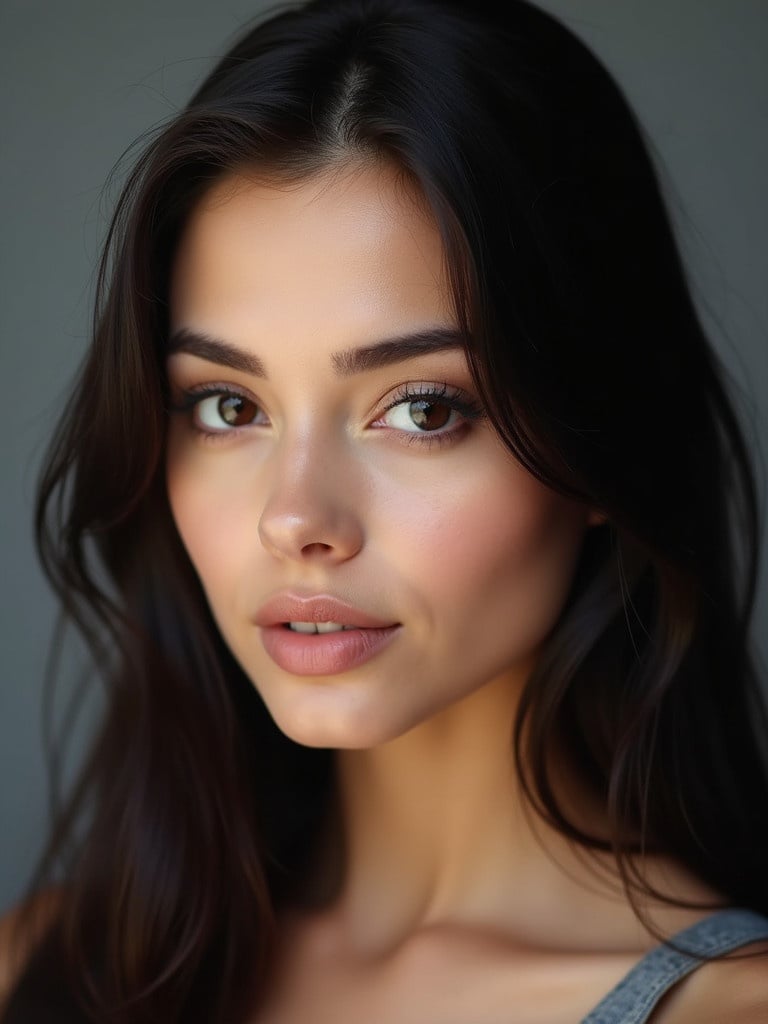 Portrait of a young beautiful woman. Long dark hair framing her face. Close-up shot looking slightly to the left. Neutral alluring expression. Glossy lips enhance appearance. Soft diffused lighting complements skin. Gray or dark background contrasts with face. Focus on face with blurred background.