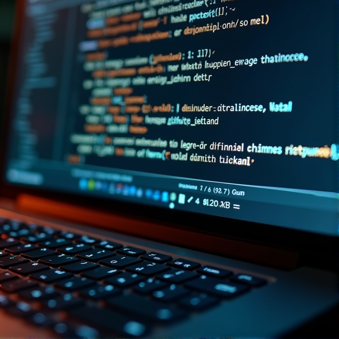 A laptop screen shows colorful lines of code in a dark setting.