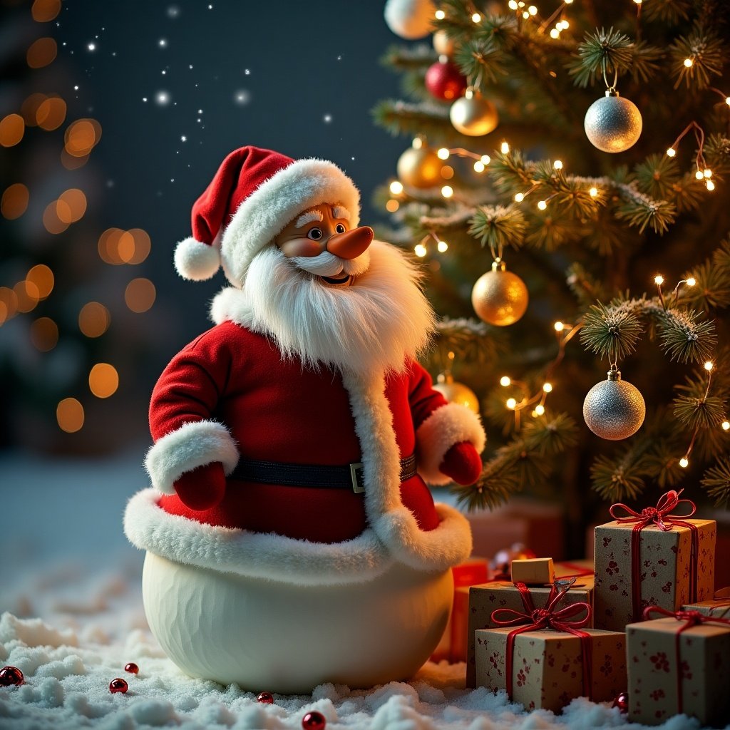 A Santa Claus figure with a red coat and white trim sits next to a decorated Christmas tree. Golden ornaments adorn the tree. Gifts are placed under the tree. Soft snow covers the ground.