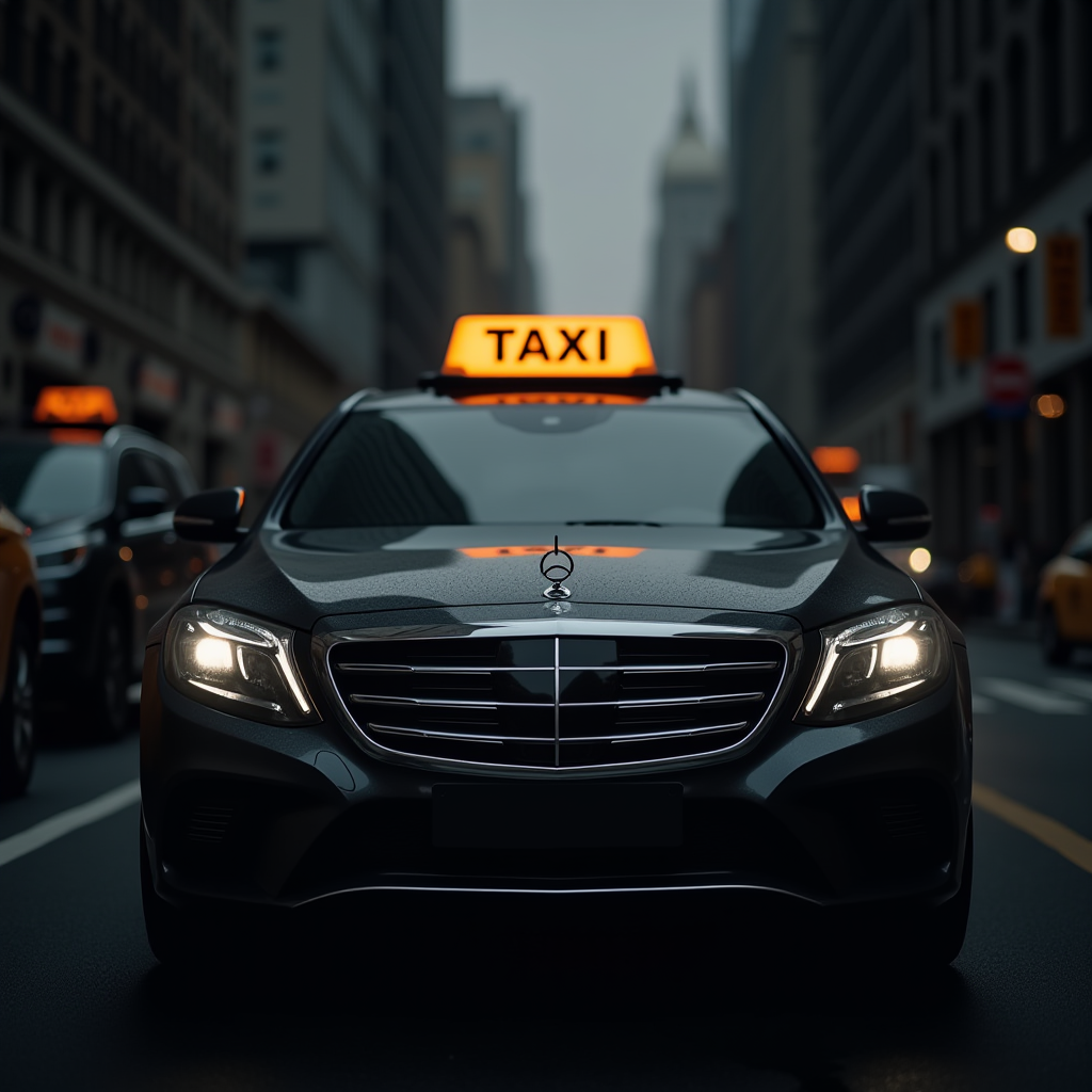 A sleek black taxi with illuminated signage navigates the bustling city streets.