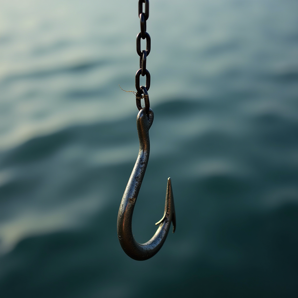 A close-up of a dangling fish hook against the serene backdrop of rippling water.