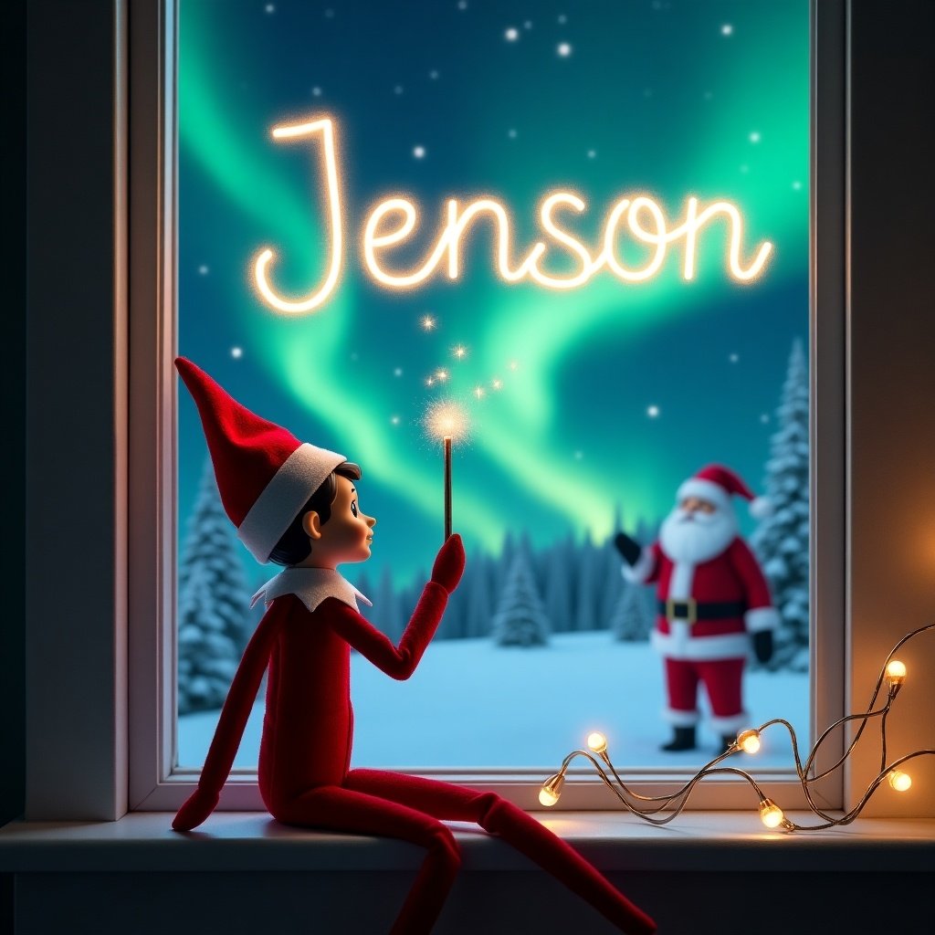 An elf on the shelf sits on a windowsill facing the magical sky. The elf is dressed in red and white, using a wand to write names in the air. Behind him, the night sky has swirling northern lights and Santa Claus is visible. The word 'Jenson' glows in the sky. It is a festive Christmas scene, evoking joy.