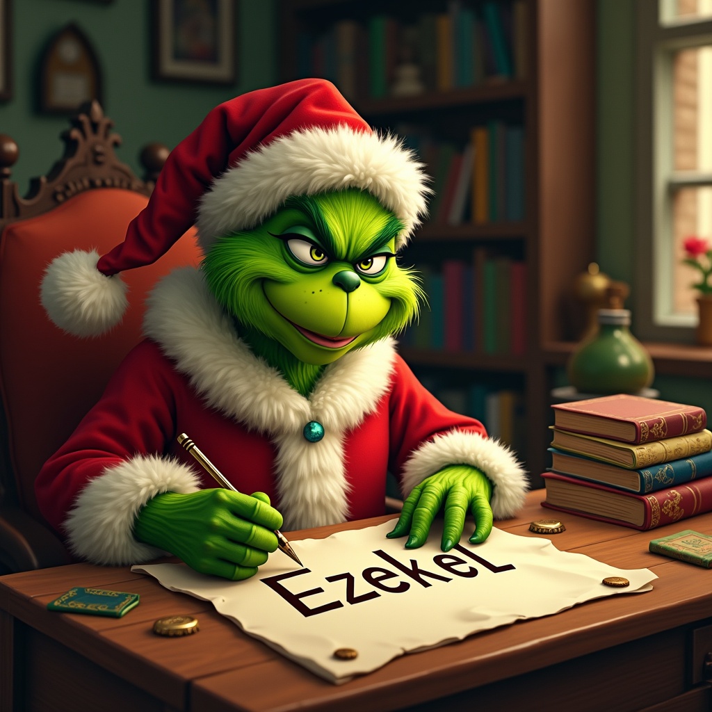 Grinch with green fur in Santa outfit writes the name Ezekiel on parchment. Contains books and a cozy chair.