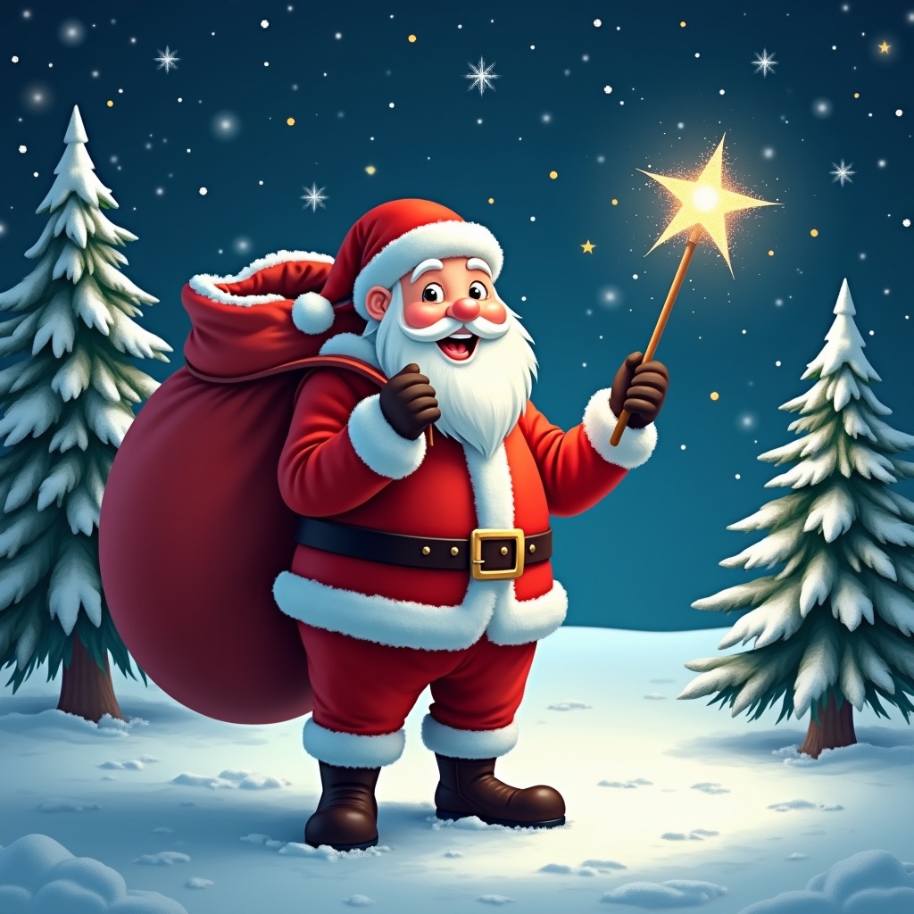 The image features a cheerful Santa Claus standing in a snowy landscape. He has a large red sack slung over his shoulder and is holding a sparkly wand. Santa is dressed in his traditional red and white outfit, complete with a belt and boots. Behind him, the night sky is illuminated with twinkling stars. Pine trees dot the snowy ground, encapsulating a festive winter atmosphere.