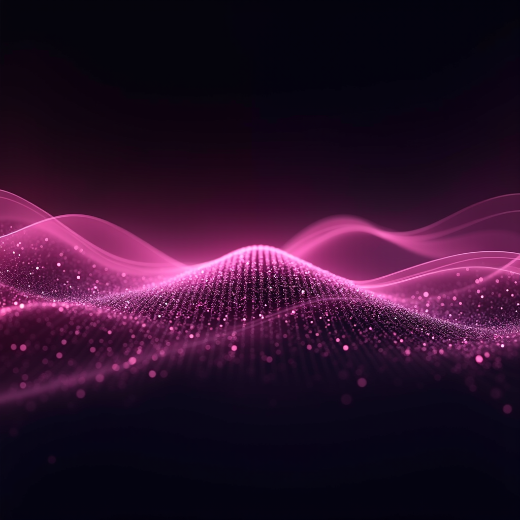 A dynamic scene of undulating pink waves created with thousands of luminous dots against a dark backdrop.