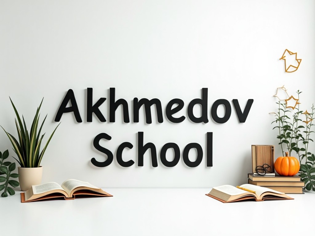 A school-themed composition with 'Akhmedov School' text, books, and decorative elements on a white background.