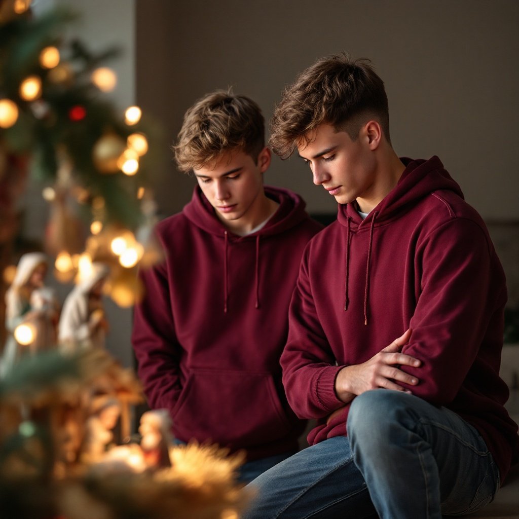 Three athletic boys in maroon hoodies kneel and stand by a Christmas manger scene. A warm and festive atmosphere surrounds them.