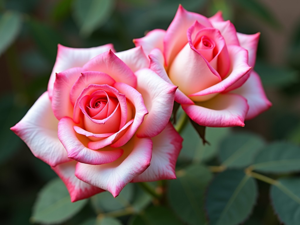 This captivating image features two roses in full bloom, with petals transitioning gracefully from white to pink edges. The roses are positioned against a backdrop of soft green leaves, creating a serene and elegant atmosphere. The delicate play of colors and intricate details of the petals evoke feelings of romance and natural beauty.