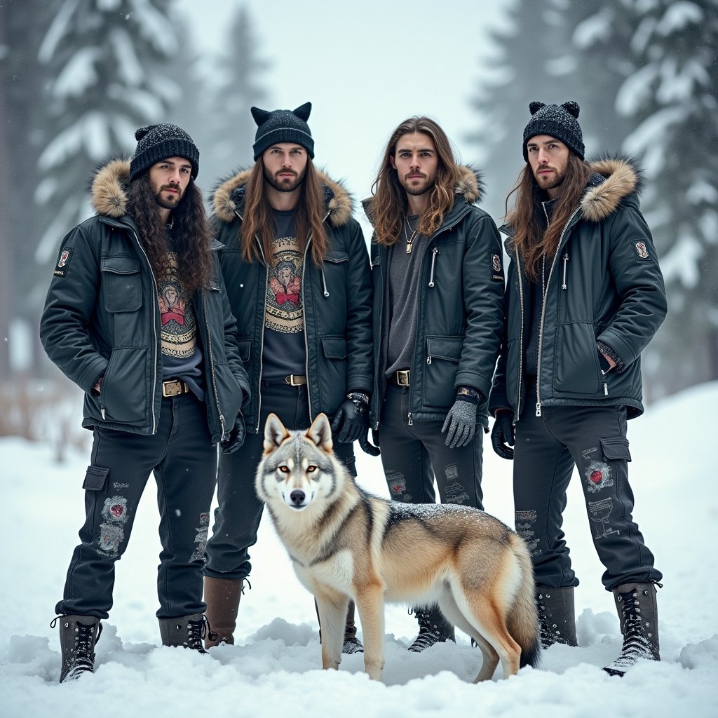 Image shows a punk rock band in snow. Two wolves are next to the band. Members are wearing winter jackets and boots. The scene conveys a chill atmosphere with snowy landscape.