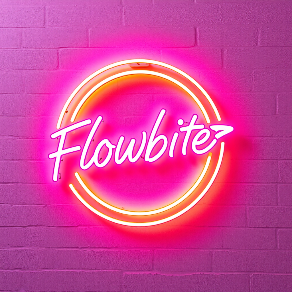 A vibrant neon sign with 'Flowbite' in pink, encircled by a glowing yellow ring, against a pastel purple brick wall.