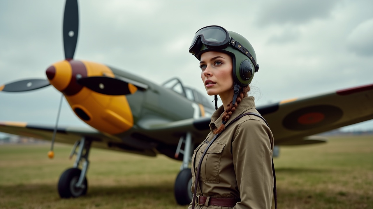 a female pilot standing in front of a vintage plane on an airfield, dressed in WWII era attire, wearing a flight helmet and goggles, overcast sky