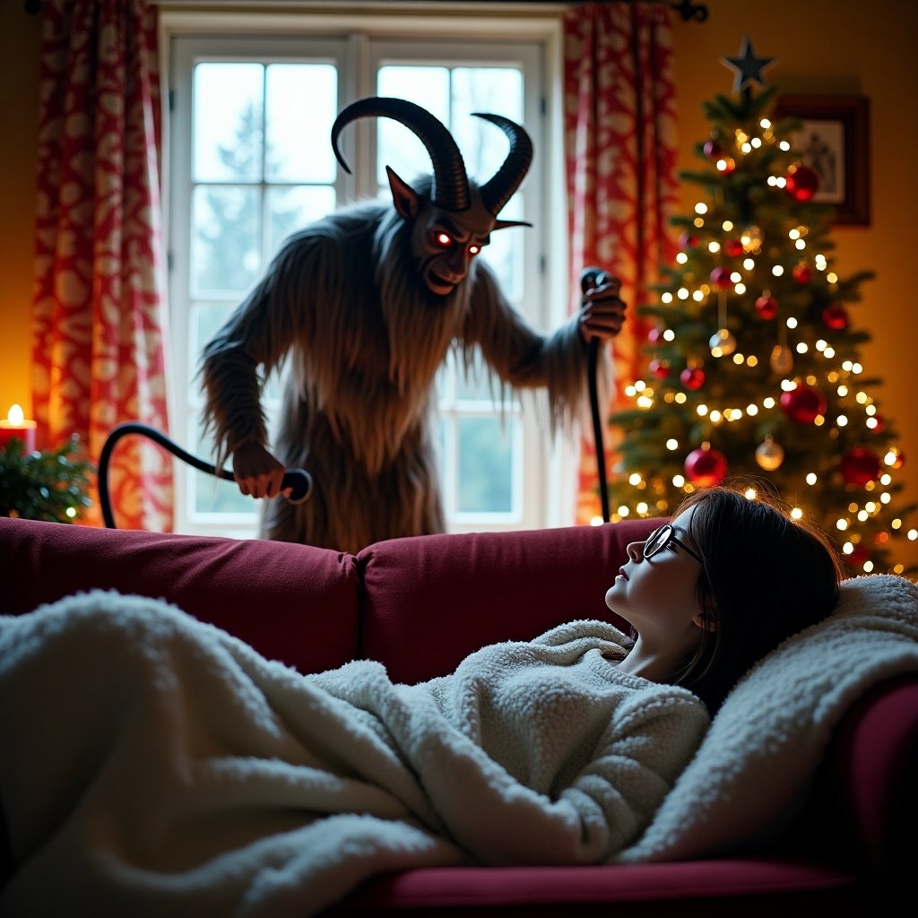 Image of Krampus with hairy costume and goat-like features entering a home through a window. Scene framed from inside showing a girl with glasses and dark brown hair lying on a sofa covered with a blanket. House decorated with Christmas lights and ornaments.