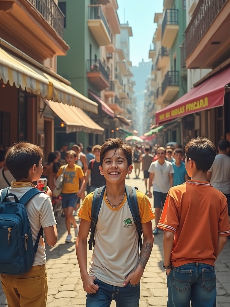 Busy street scene filled with people. Children stand prominently in the alleyway of a bustling market. Stores line either side creating a vibrant atmosphere. Bright sunlight illuminates the scene. A vivid depiction of urban life.