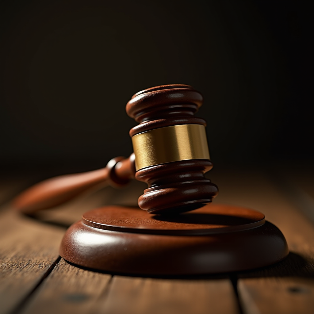 A close-up view of a wooden judge's gavel resting on a tabletop.