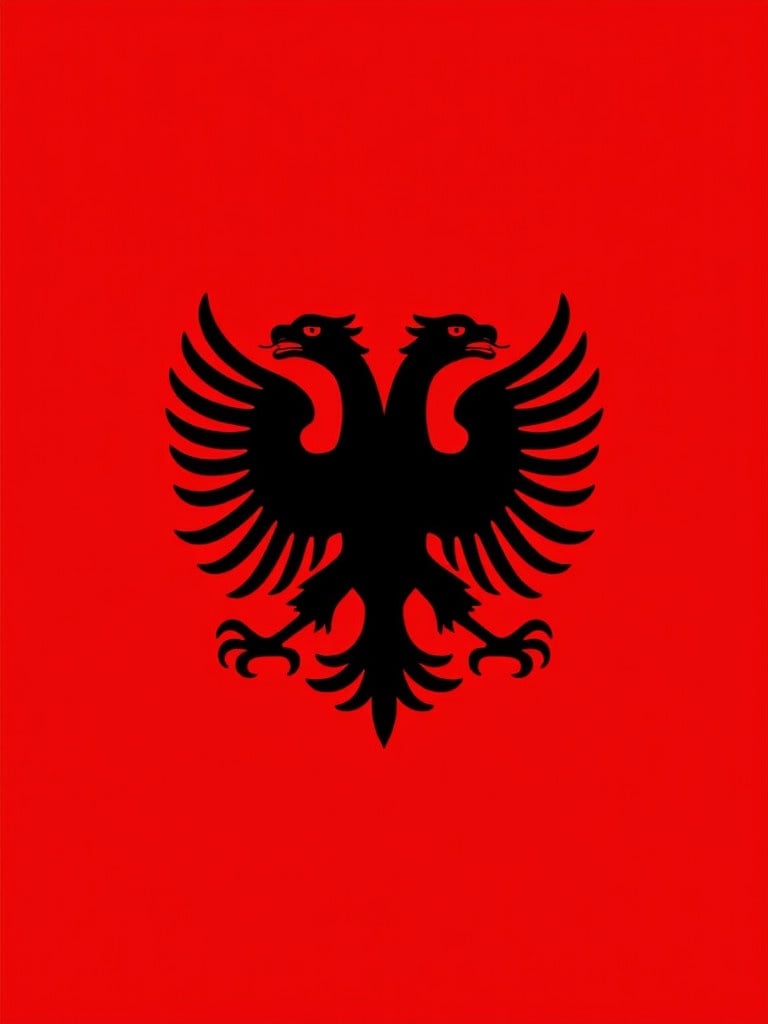 Flag design featuring a double-headed eagle in black on a bright red background. National symbol of Albania. Emphasizes simplicity and boldness in the design.