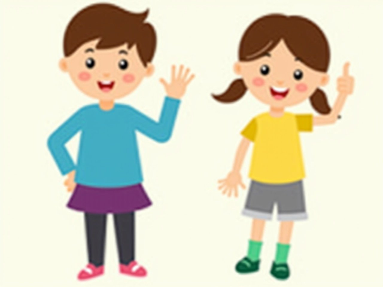 Cartoon-style characters of a boy and a girl standing together. The boy wears a blue long-sleeve shirt and a purple skirt. The girl is wearing a yellow shirt with gray shorts. The boy makes a peace gesture; the girl gives a thumbs-up. The image is playful and colorful.