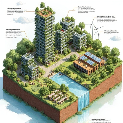 Detailed illustration of a sustainable city integrated with nature. Features vertical farms, solar panels, wind turbines, circular food system with livestock and greenhouses. Includes natural water filtration systems and agroforestry. Diverse housing styles depicted. Watercolor style with Dutch text labels.