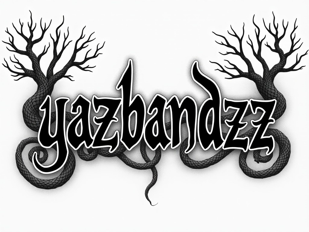 This striking illustration features the word 'yazbandzz' in a bold, gothic font. Surrounded by intricately drawn snakes, the snakes twine and curl around the text. The design creates an ominous and captivating visual experience. The ends of the letters metamorphose into tree branches. This adds an eerie touch to the overall design. The color scheme is strictly black and white, highlighting the bold elements.