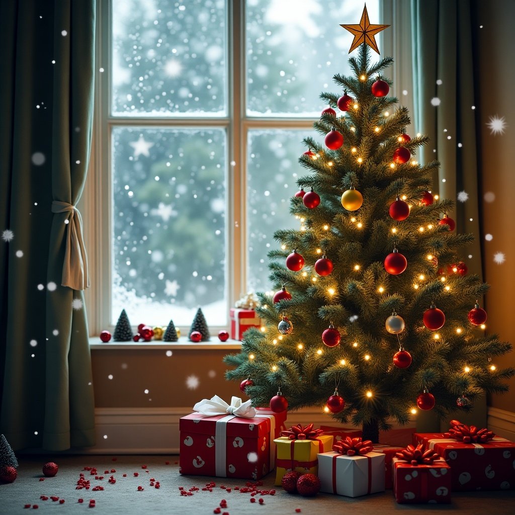 The image presents a beautifully decorated Christmas tree that stands proudly by a cozy window. The tree is adorned with colorful ornaments, including red and gold, and twinkling lights that create a warm atmosphere. Underneath the tree, there are various wrapped presents, inviting a sense of excitement and festivity. Outside the window, falling snow adds a magical winter touch, enhancing the holiday spirit. The room exudes warmth and cheer, making it an ideal representation of Christmas celebrations.