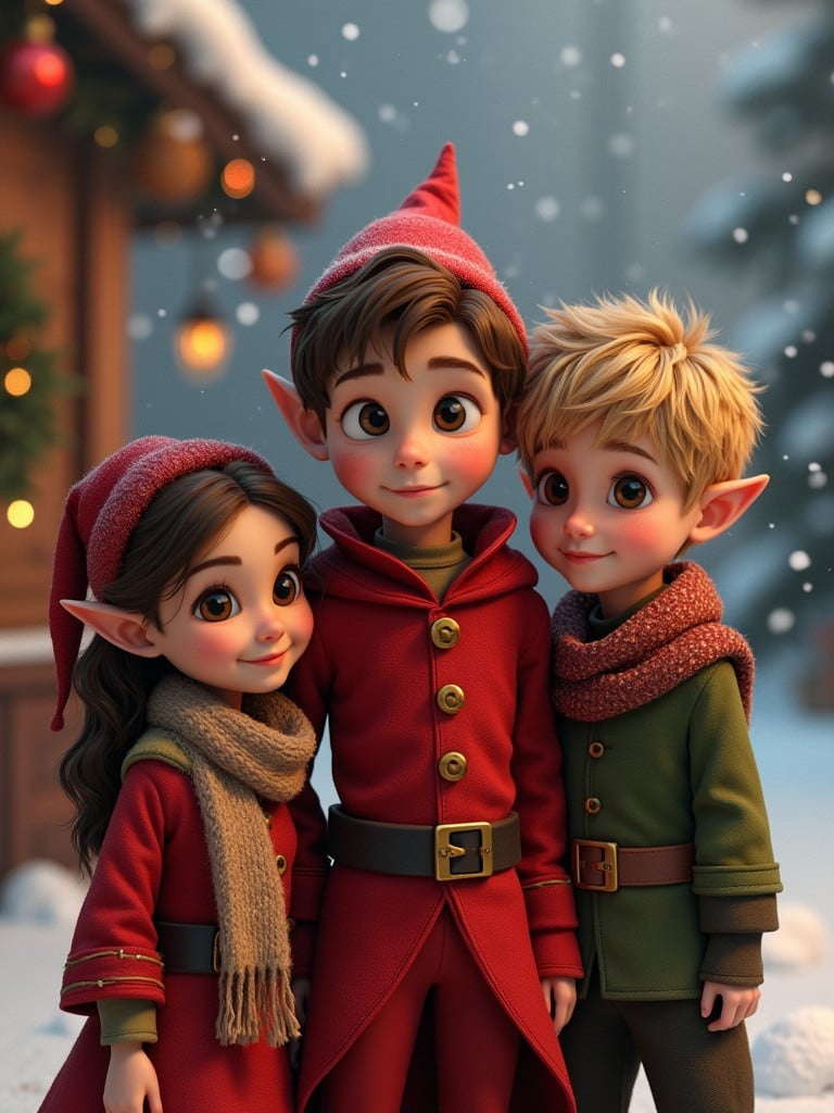 A boy elf in a red suit stands with two friends in a snowy scene. The background has Christmas decorations. The girl has brown curly hair. The boy has wavy blonde hair. They wear cozy clothing. Snowflakes fall around them.