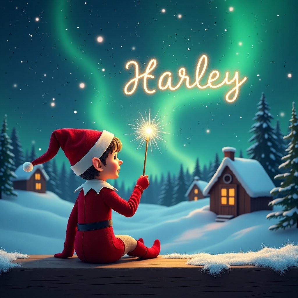 An elf sits on a wooden ledge with its back to the camera, gazing at a magical sky. The elf, dressed in a red outfit with a pointed hat, holds a sparkling wand. With the wand, the elf elegantly writes the names 'Harley' in the starry sky. The background features a snowy landscape with charming little houses and evergreen trees under the shimmering Northern Lights. This whimsical scene captures the essence of childhood magic and Christmas cheer.