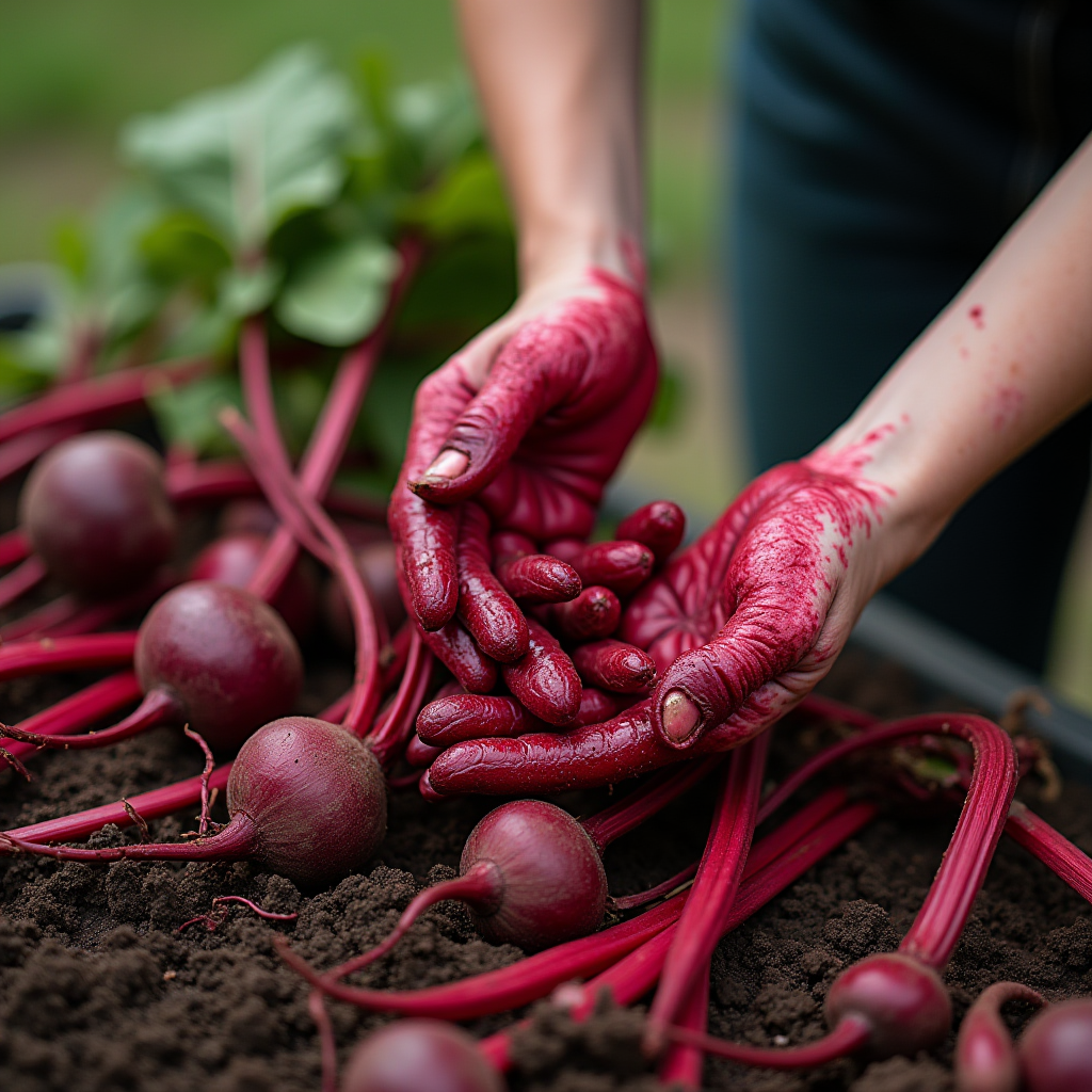 Hands stained with beet juice while holding fresh beets in a garden setting.