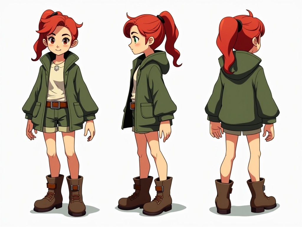 This image showcases an illustrated character design of a young, red-haired female dressed as an explorer. She is portrayed from three different angles, including side, front, and back views. The character wears a green outfit featuring shorts and a belted jacket, paired with sturdy boots. Her cheerful expression and confident stance suggest she is ready for adventure. Tailored for a post-apocalyptic game, this character exudes a sense of resilience and exploration.