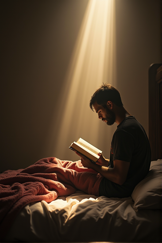 A man sits on a bed under warm light, reading a book with a pink blanket on his lap.