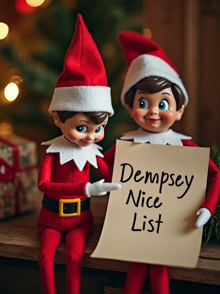 Elf dolls hold a sign that reads Dempsey Nice List. Background has warm lights. Festive theme with holiday spirit. Elves are dressed in red and white costumes. Sign is prominently displayed.