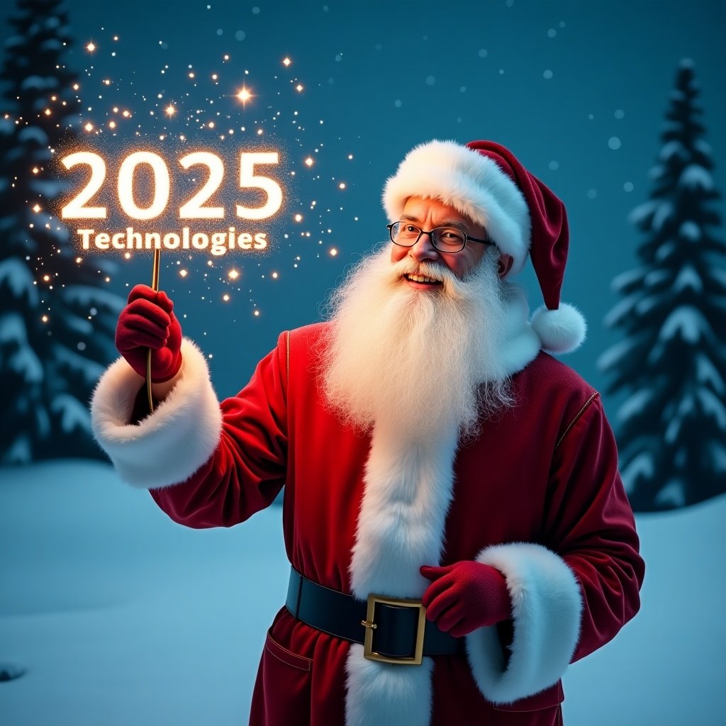 Santa Claus in snowy landscape with wand. Classic red suit with white fur trim. Signing 2025 Technologies in the sky. Evergreen trees and starry night create a magical atmosphere.