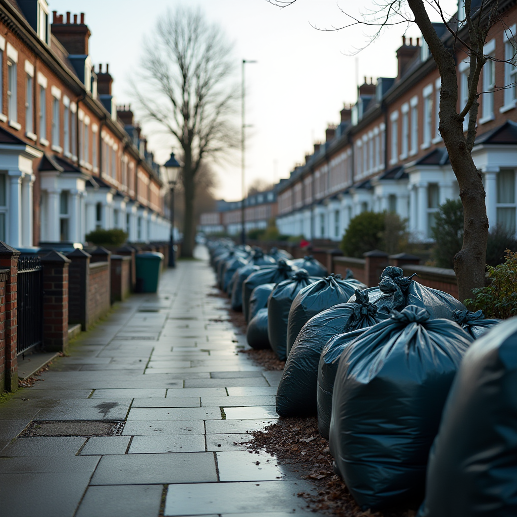 A row of garbage bags lined along a rainy street in a residential neighborhood.