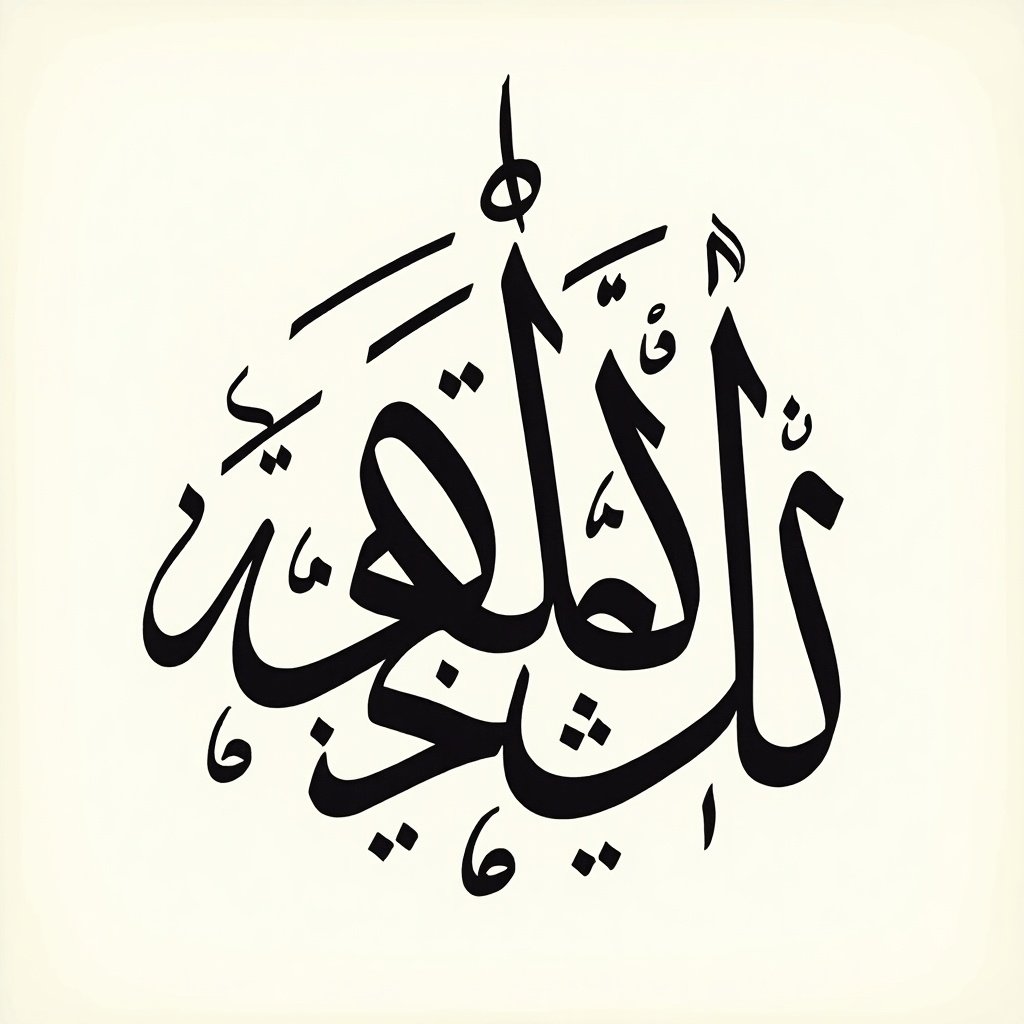 Diwani style calligraphy art representation of Arabic text زيت الزيتون الجيلاني. Bold black lines with elaborate curves. Cream colored background highlights text.