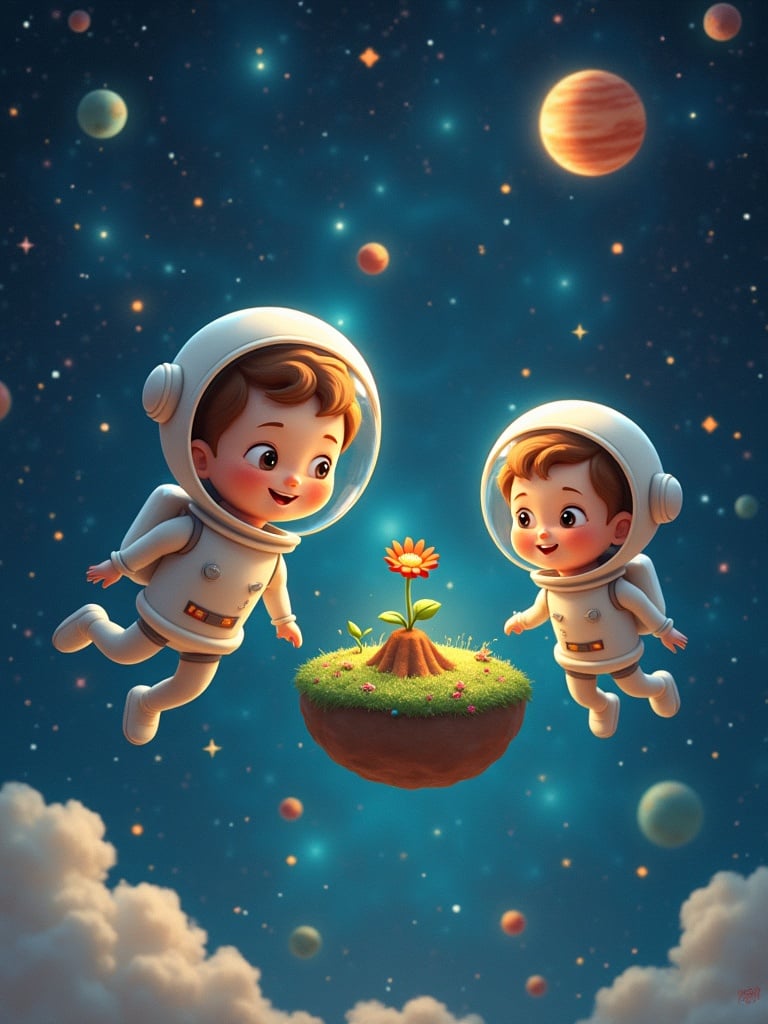 Enchanted scene with two children in astronaut suits floating in space. They are excited looking at a tiny whimsical planet. The planet has a small flower and a volcano. Background features stars and colorful nebulae. It captures joy and wonder of childhood. Children are explorers in their own universe.