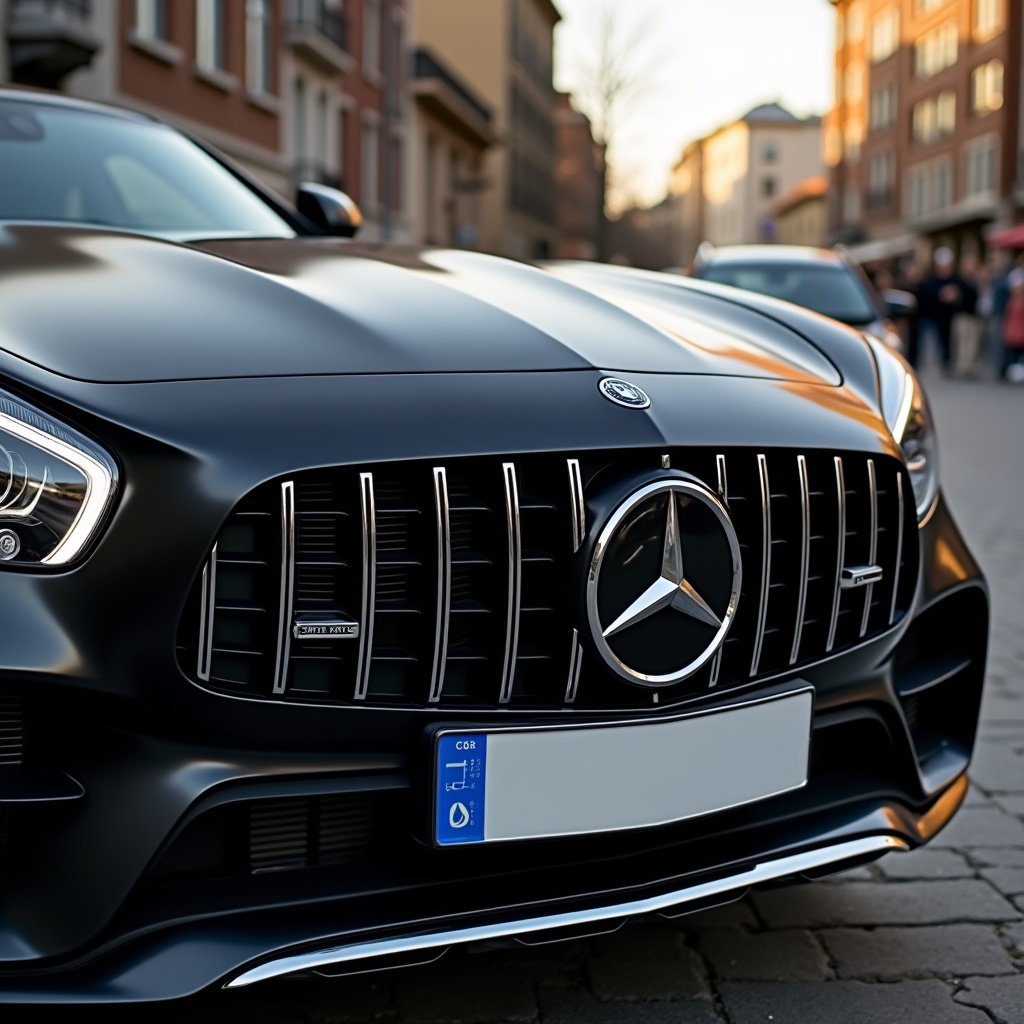 The image showcases a close-up view of a Mercedes-Benz car's front grille. The grille features the iconic Mercedes logo at the center, flanked by shiny chrome accents. This luxury vehicle is set against a backdrop of an urban street, with buildings softly blurred in the background under warm light. The matte black finish of the car adds an air of sophistication. The angle focuses on the elegance and aggressive styling of the Mercedes model, emphasizing the modern design elements.