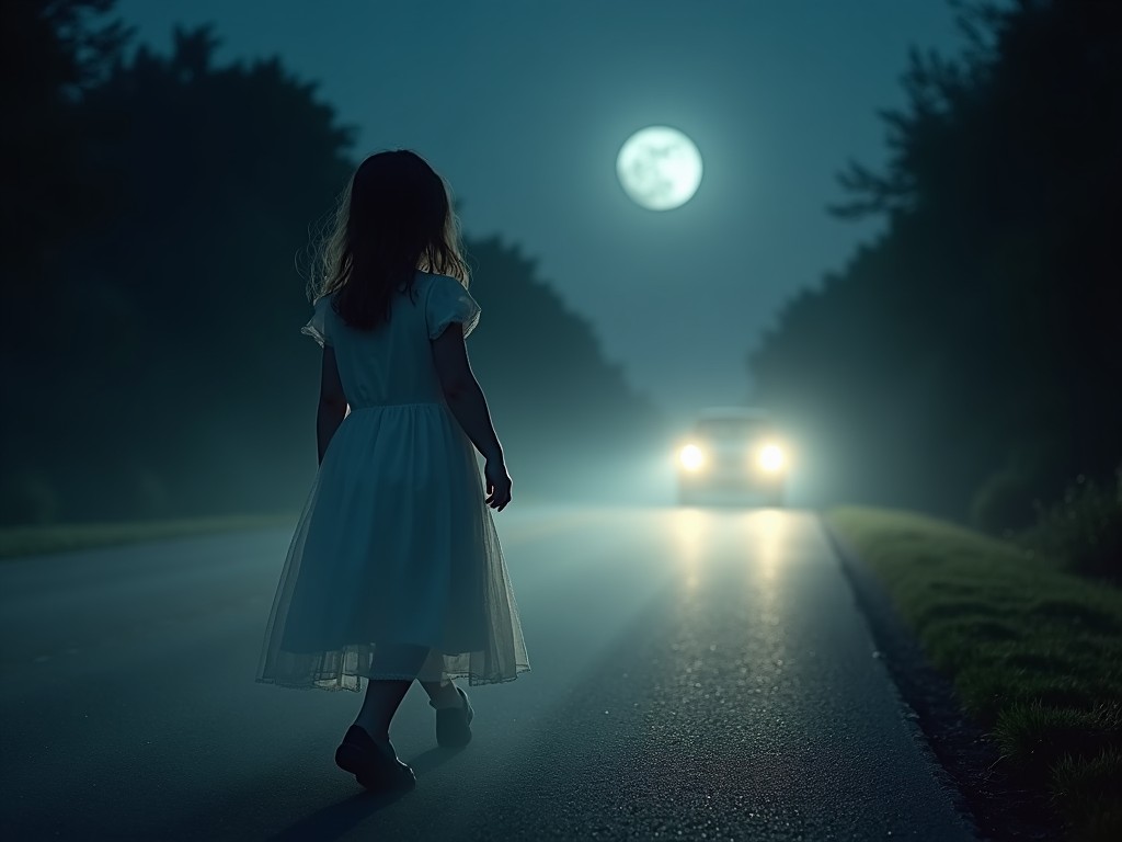 A young girl in a white dress walks along an empty road at night. The scene is illuminated by a full moon, casting a mysterious glow. In the distance, headlights from a car are approaching, creating an eerie atmosphere. The girl seems unaware of the potential danger as she continues her walk. The landscape is shrouded in fog, adding to the tension of the moment.