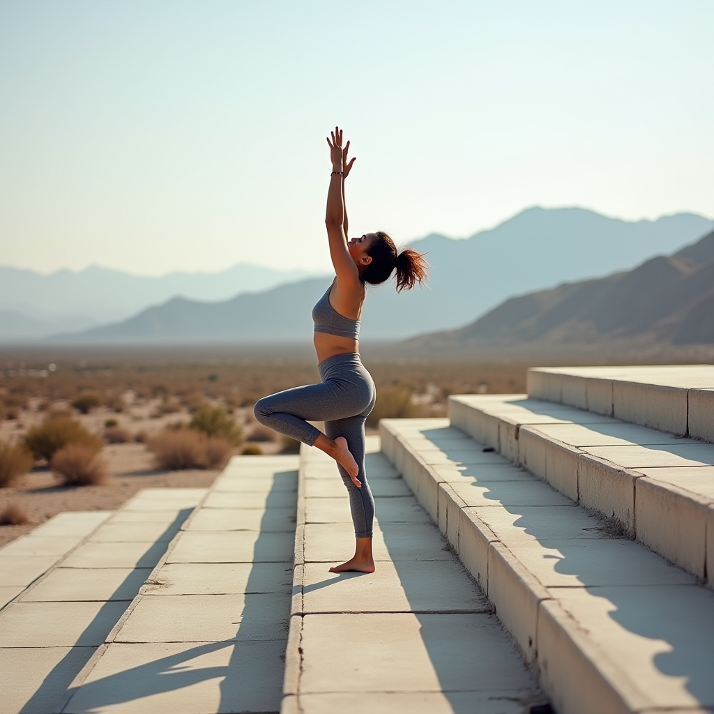 A woman practices yoga on stone steps in a desert landscape with mountains in the background.