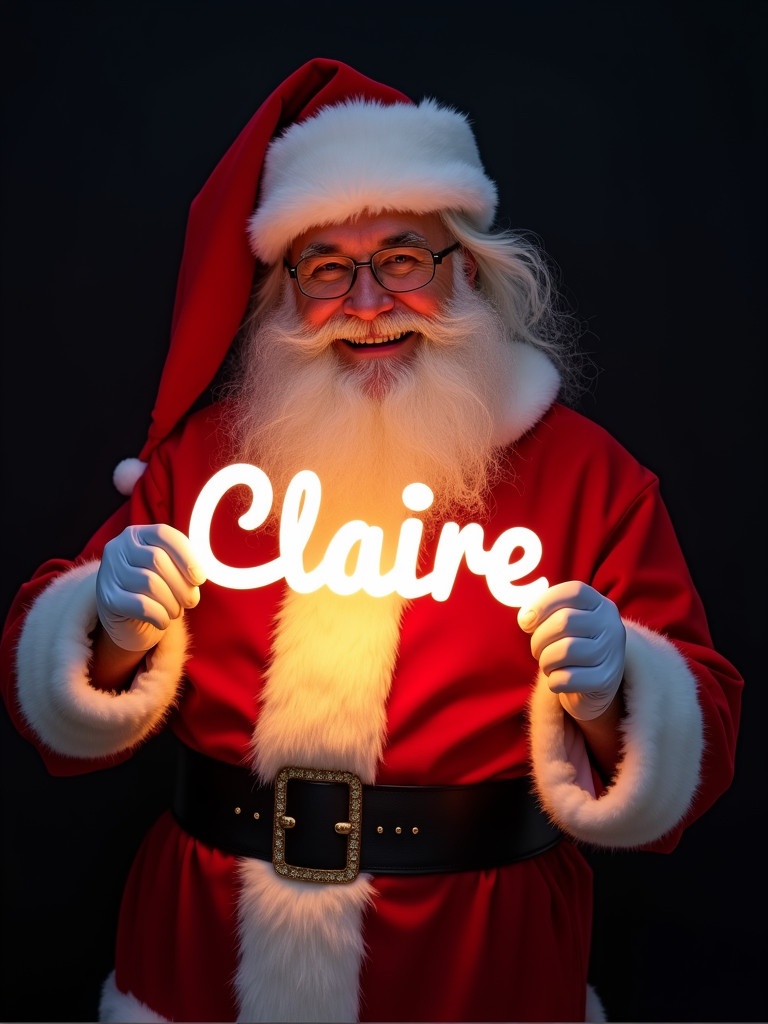 Image of Santa Claus in a red and white suit holding a glow stick spelling 'Claire'. The background is dark to highlight the glowing text. Scene portrays joy and warmth of Christmas season.