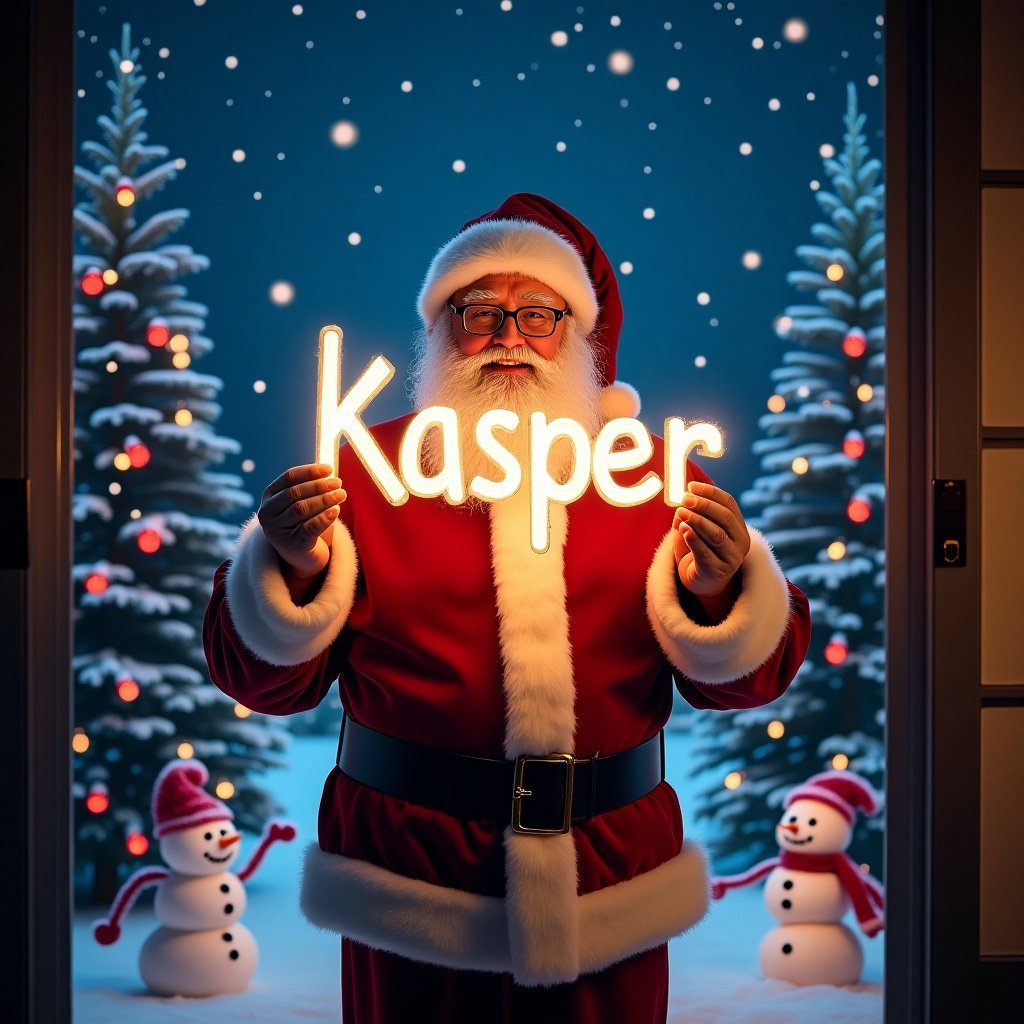 Image of Santa Claus wearing a red suit. He holds a glow stick that forms the name 'Kasper'. Expression is jolly and warm. Dark background highlights the glowing text. Snow-covered landscape with evergreen trees and Christmas lights. Two snowmen are beside him. Window separates this from an indoor Christmas scene.