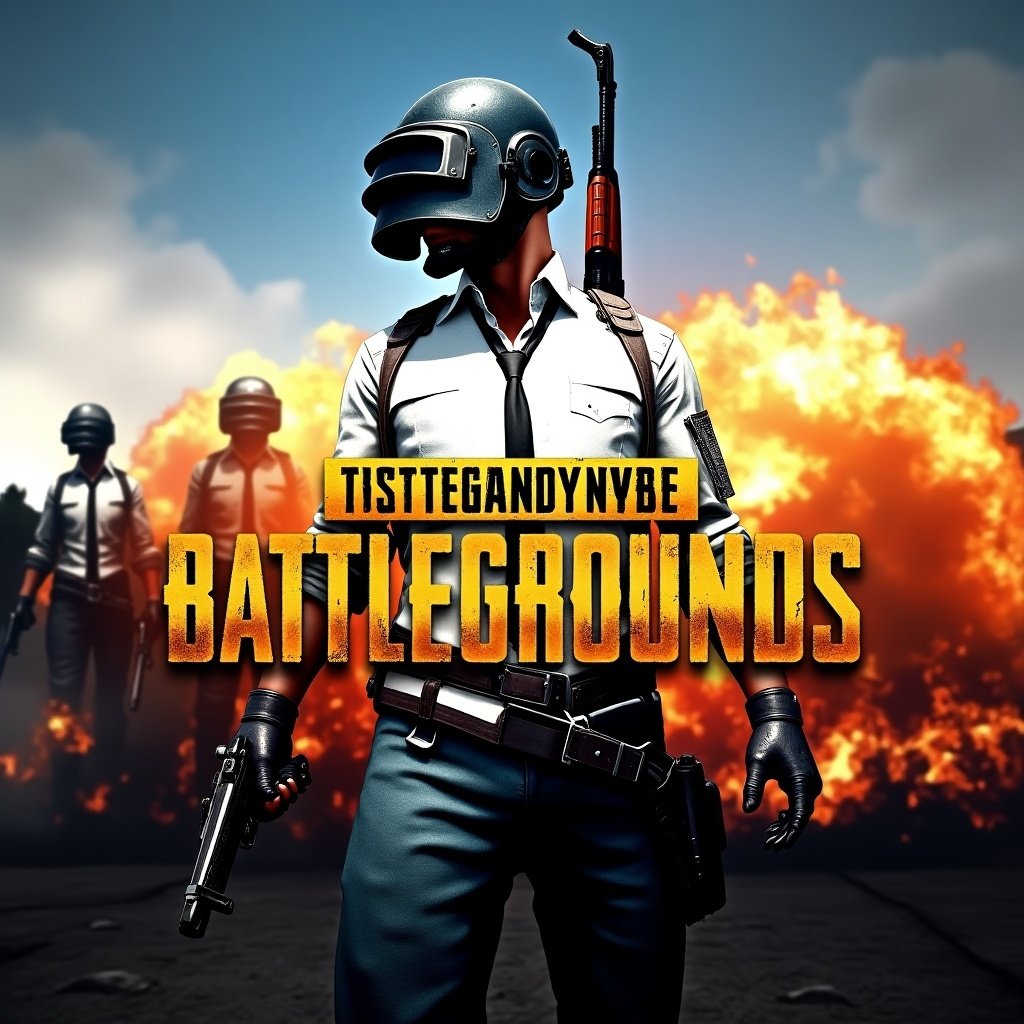 PUBG Mobile themed poster with a central character in a helmet and weapon. Background shows a fiery explosion with additional characters. Bold text highlights battle zones.