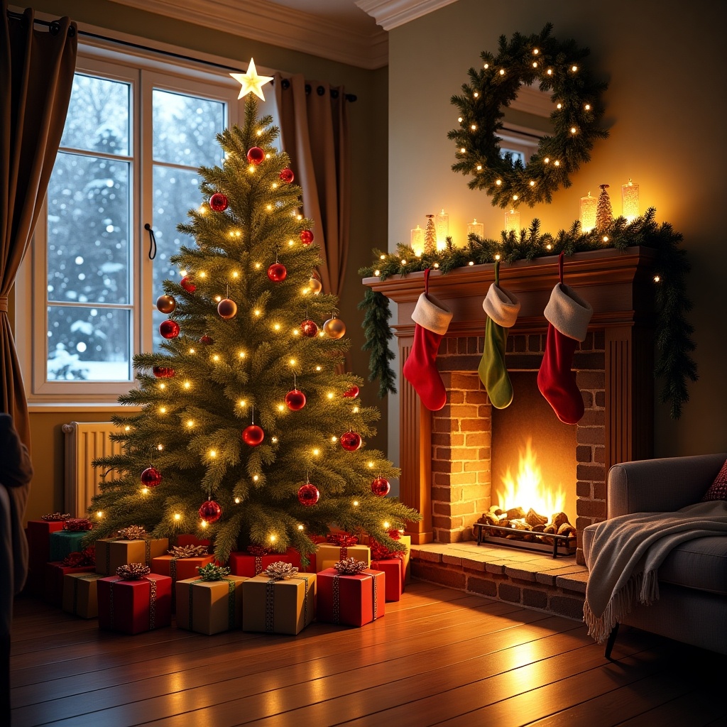 Cozy living room with a decorated Christmas tree and fireplace. Presents under the tree. Warm lights glow. Wreath hangs on the wall.