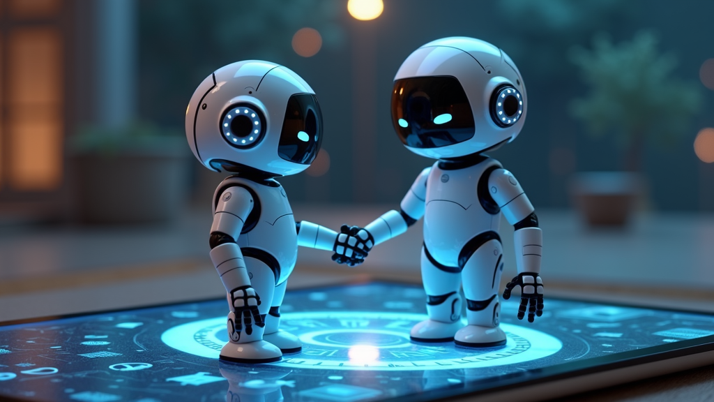 Two small, humanoid robots with sleek designs shake hands on a glowing digital surface, framed by a soft-lit futuristic environment.