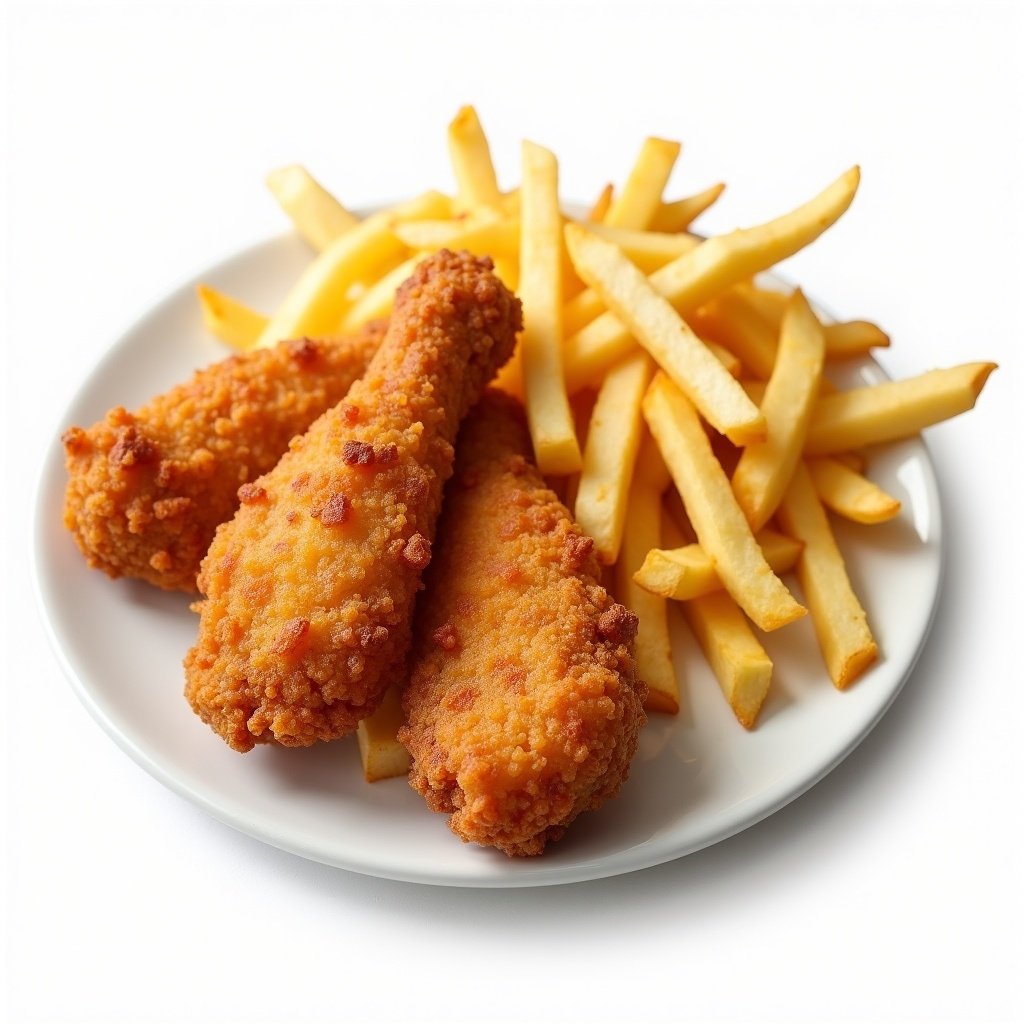 Fried crispy chicken strips and crispy french fries on a white plate against a white background. Ultra realistic presentation of the food.