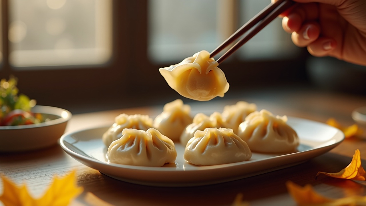 The image depicts a cozy scene of enjoying dumplings during winter. A pair of chopsticks delicately holds a dumpling that features a thin, slightly transparent skin. The filling of rich vegetables and meat can be seen. Surrounding the highlighted dumpling are several neatly arranged ones, full and colorful. In the background, the first signs of frost and fallen leaves can be seen outside the window. Yellow leaves on the table add to the seasonal change. The shot captures warm hues and soft lighting, emphasizing the feeling of joy and togetherness.