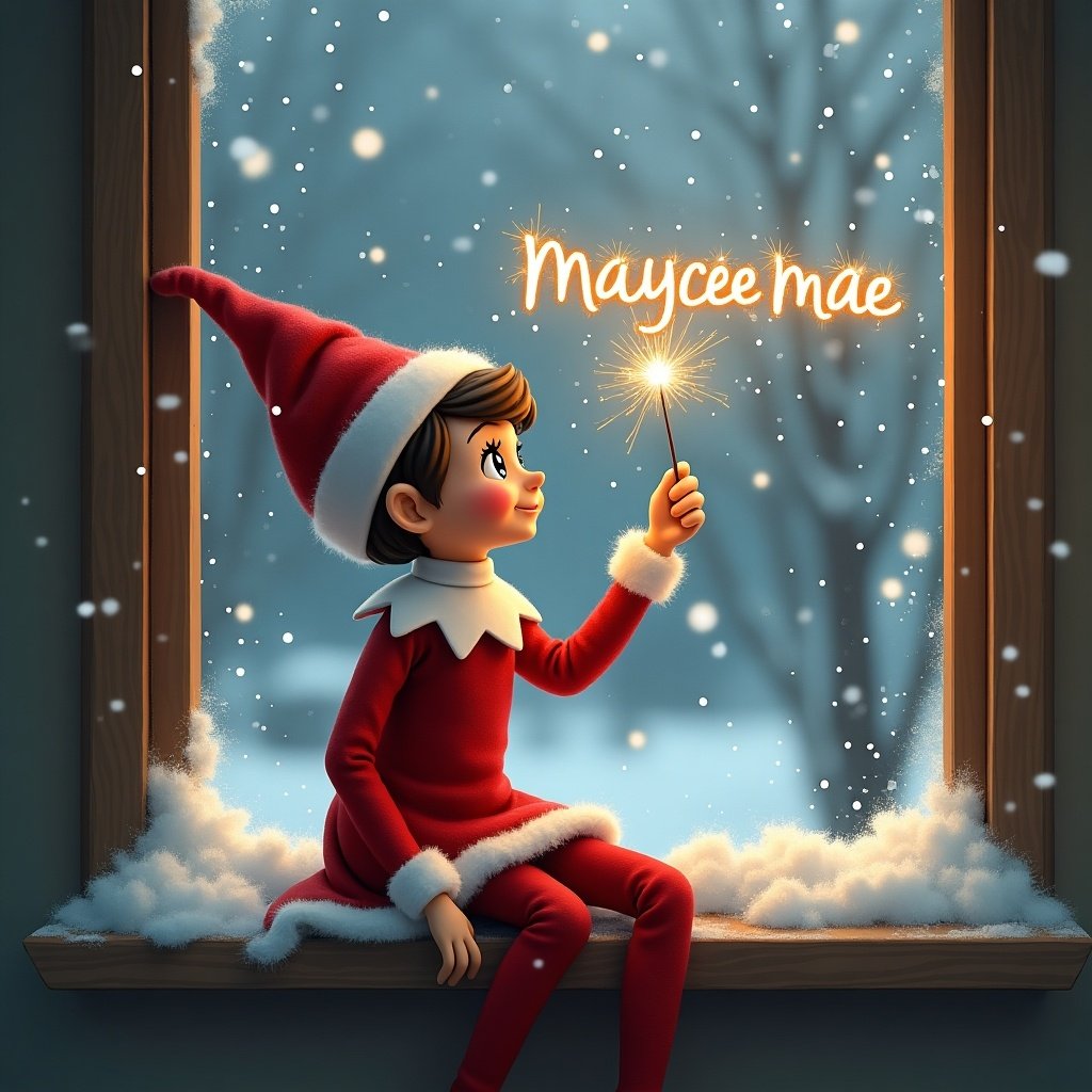 A cute elf on the shelf girl is sitting on a window ledge, creating a magical winter scene. She is writing the name maycee-mae in the air with a sparkler, illuminating the window with a warm glow. Outside, snow is gently falling, creating a serene and festive atmosphere. The elf is dressed in a classic red and white outfit, complementing the wintery scene.