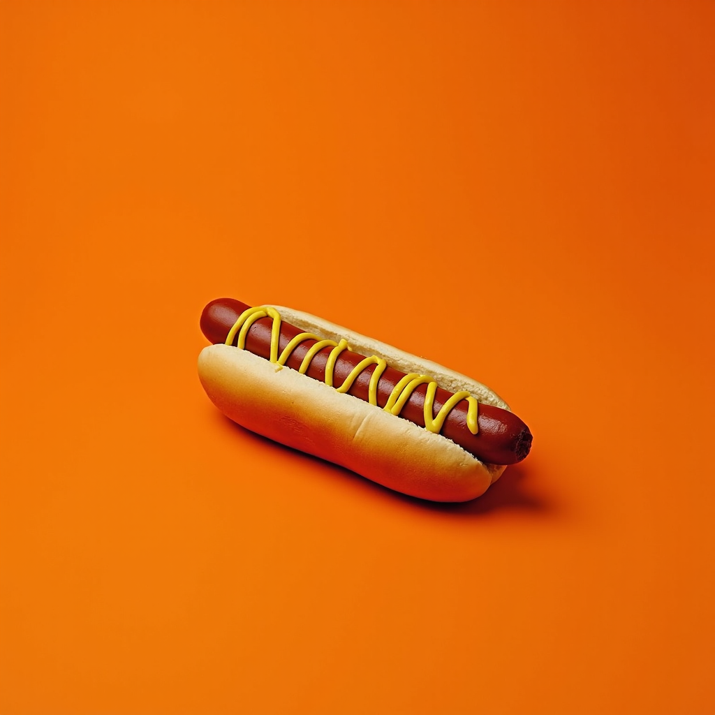 A classic hot dog with mustard on a bright orange background.