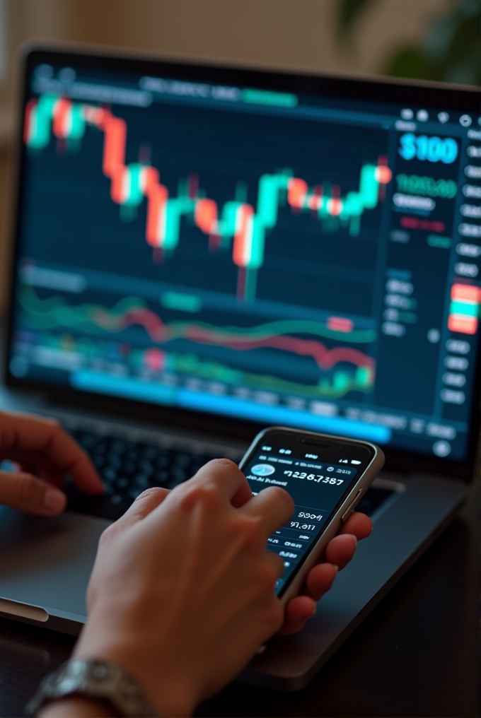 A person is engaging in trading activities using a laptop displaying a candlestick chart and a smartphone showing financial data.