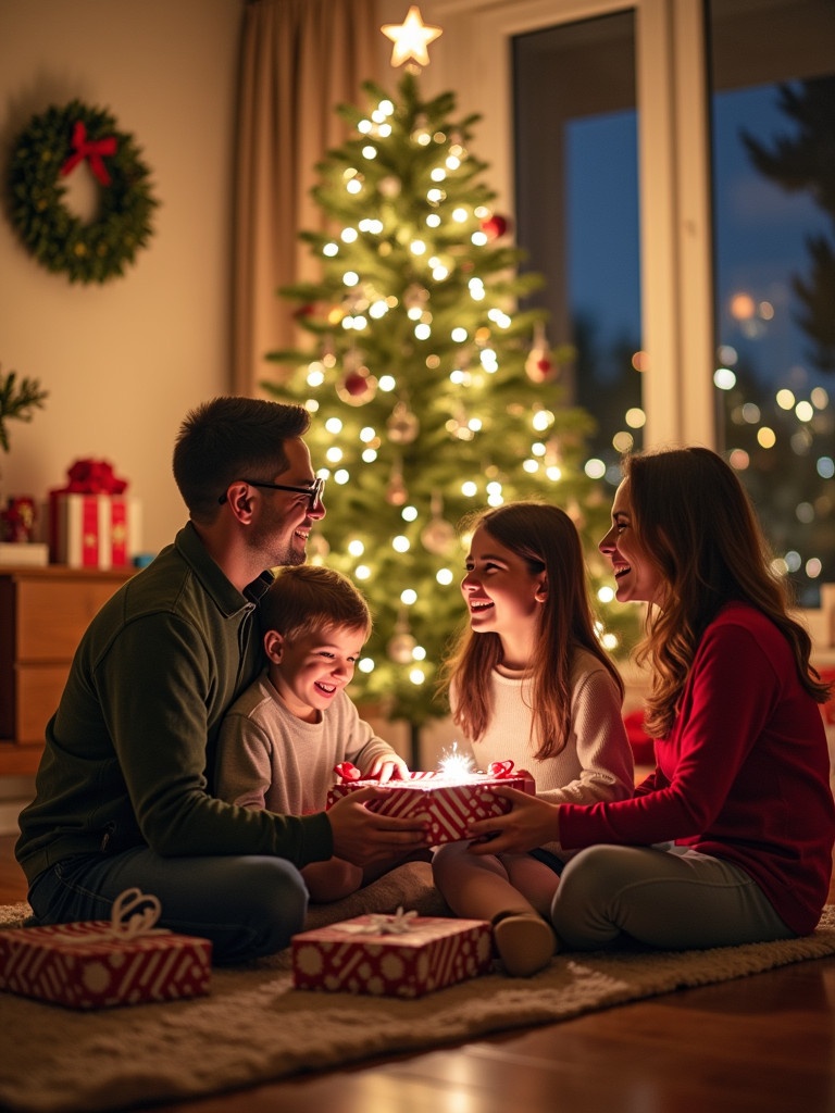 A family gathers around a decorated Christmas tree. They sit on a rug and smile. Soft lights illuminate the Christmas tree. Gifts are scattered around. The scene shows happiness and togetherness during the holiday season. It's a moment of creating cherished memories together.