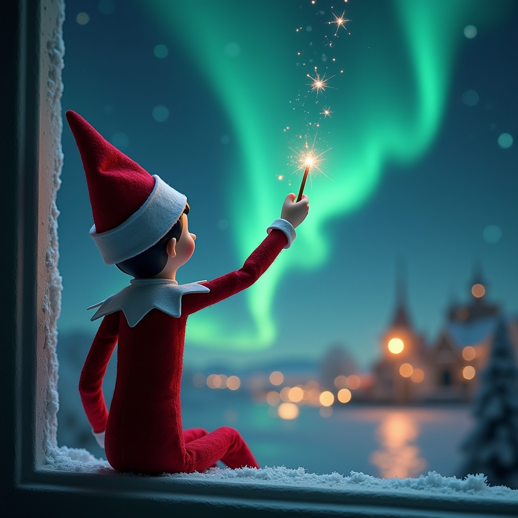 The image depicts an Elf on the Shelf seated on a windowsill, facing away from the viewer. The elf holds a wand and seems to be writing a name in the sparkling night sky. Behind him, the enchanting northern lights stretch across the sky, creating a magical atmosphere. The scene reflects a cozy, festive Christmas setting, with a hint of Santa in the background. Snow covers the ground and adds to the winter wonderland vibe.