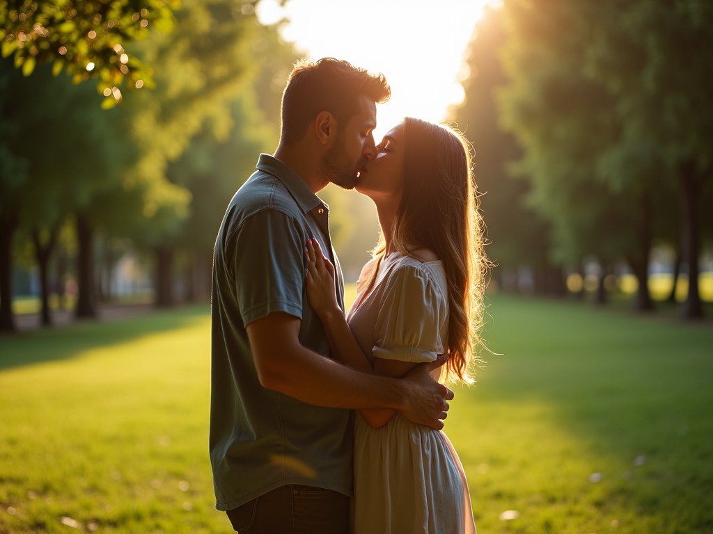 A couple is sharing a romantic kiss in a lush green park. Soft daylight filters through the trees, creating a warm glow around them. The man is holding the woman gently as they embrace. Their clothing is casual yet stylish, adding to the intimate vibe. The lush green grass forms a beautiful backdrop, enhancing the romantic atmosphere of the scene.