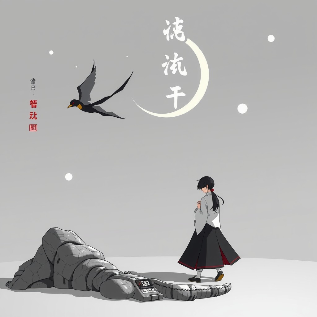 A serene scene featuring a person and a bird against a crescent moon and fallen statue.